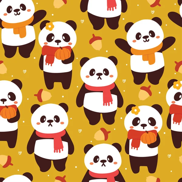 Seamless Pattern Cartoon Panda Autumn Vibes Cute Animal Wallpaper Textile — Stock Vector