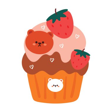 El çizimi şirin tatlı ve çizgi film ayı çıkartması seti. Sevimli yemek ve hayvan çıkartması, dekor elementi. Sevimli renkli tatlı illüstrasyon etiketi