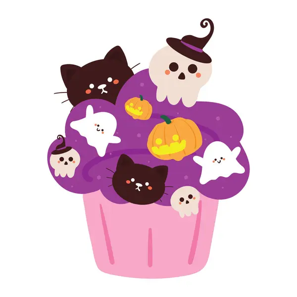 Hand Drawing Cartoon Cute Halloween Cupcake Cute Food Halloween Sticker — Stock Vector