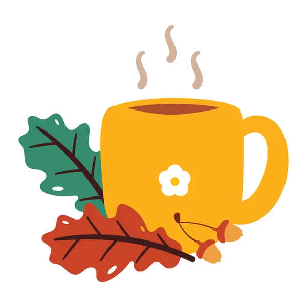 Mão Desenho Desenhos Animados Uma Xícara Chá Com Folhas Outono — Vetor de Stock