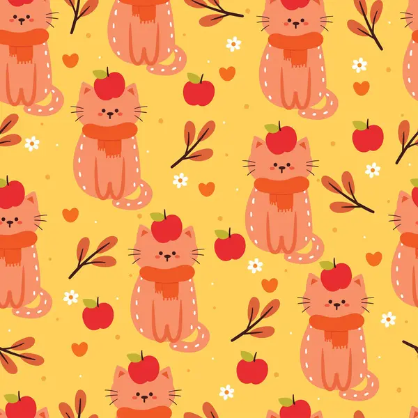 シームレスなパターン漫画の猫 秋のバイブエレメント 休日のためのかわいい秋の壁紙 平らな設計 ギフトのラップ ペーパーのための設計 — ストックベクタ
