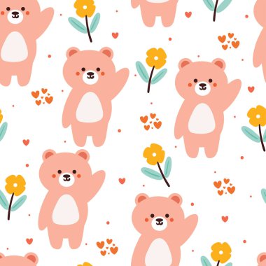 Kusursuz desenli çizgi film ayıları ve çiçekleri. hediye paketi kağıdı için sevimli hayvan duvar kağıdı çizimi