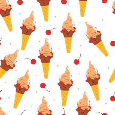 Kusursuz desenli karikatür dondurma ve çilek. Tekstil için güzel yemek duvar kağıdı, hediye paketi kağıdı.