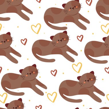 Kusursuz desenli çizgi film kedisi. Tekstil için sevimli hayvan duvar kağıdı, hediye paketi kağıdı