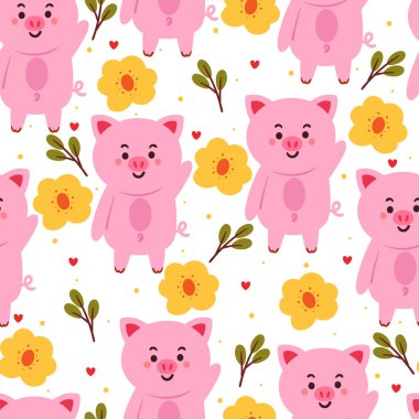 Kusursuz desenli çizgi film domuz ve çiçek. Tekstil için sevimli hayvan duvar kağıdı, hediye paketi kağıdı