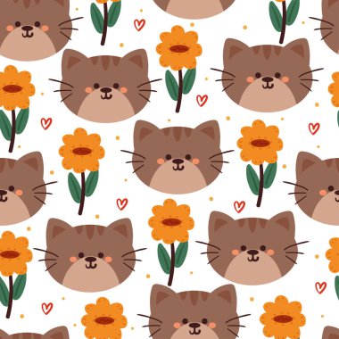 Kusursuz desenli karikatür kedi ve çiçek. Tekstil için sevimli hayvan duvar kağıdı, hediye paketi kağıdı