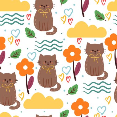 Kusursuz desenli karikatür kedi ve çiçek. Tekstil için sevimli hayvan duvar kağıdı, hediye paketi kağıdı