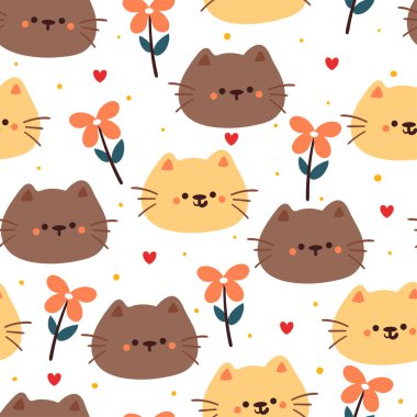 Kusursuz desenli karikatür kedi ve çiçek. Tekstil için sevimli hayvan duvar kağıdı, hediye paketi kağıdı