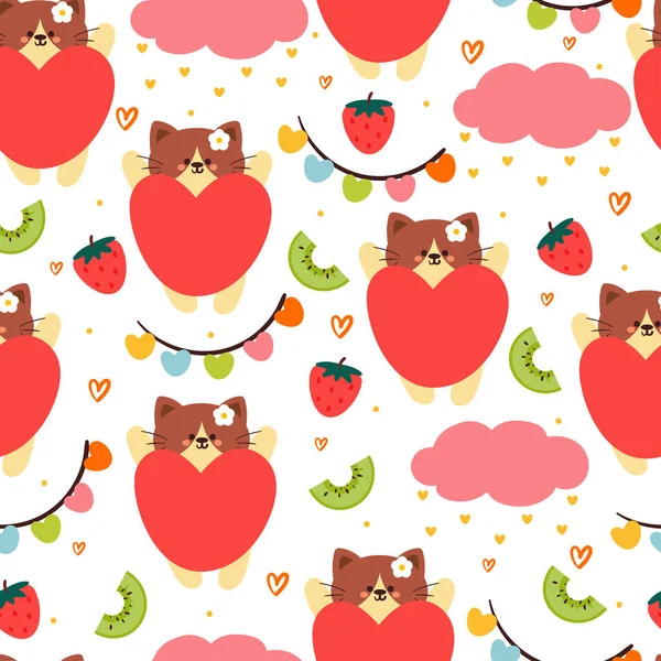 シームレスなパターンの漫画の猫 赤い心臓および空の要素 ギフトラップ紙のためのかわいい動物の壁紙 — ストックベクタ