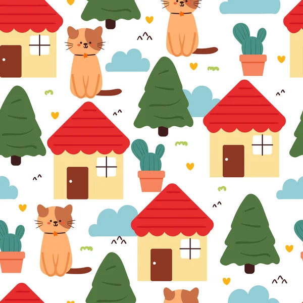 可爱的无缝花纹猫和有树和植物的小房子 礼物包装纸用的可爱墙纸 — 图库矢量图片