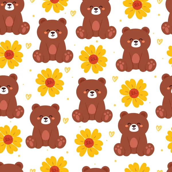 Seamless Pattern Cartoon Bears Flower Cute Animal Wallpaper Illustration Gift — Stock Vector