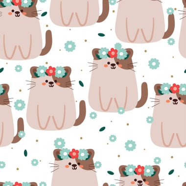 Kusursuz desenli karikatür kedi ve çiçek. Tekstil için sevimli hayvan duvar kağıdı, hediye paketi kağıdı