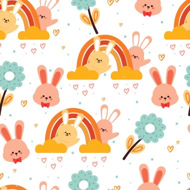 Kusursuz desenli çizgi film tavşanı, çiçek ve gökyüzü elementi. Tekstil için sevimli hayvan duvar kağıdı, hediye paketi kağıdı