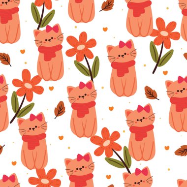 Kusursuz desenli karikatür kedi ve çiçek. Tekstil için sevimli hayvan duvar kağıdı, hediye paketi kağıdı