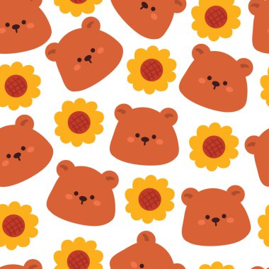 Kusursuz desenli çizgi film ayısı ve çiçek. hediye paketi kağıdı için sevimli hayvan duvar kağıdı çizimi