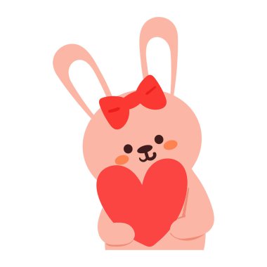 Elinde kırmızı kalp olan çizgi film tavşanı. Simge ve çıkartma için sevimli hayvan çizimi