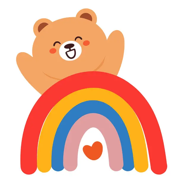 Bonito Cartoon Feliz Urso Com Arco Íris —  Vetores de Stock