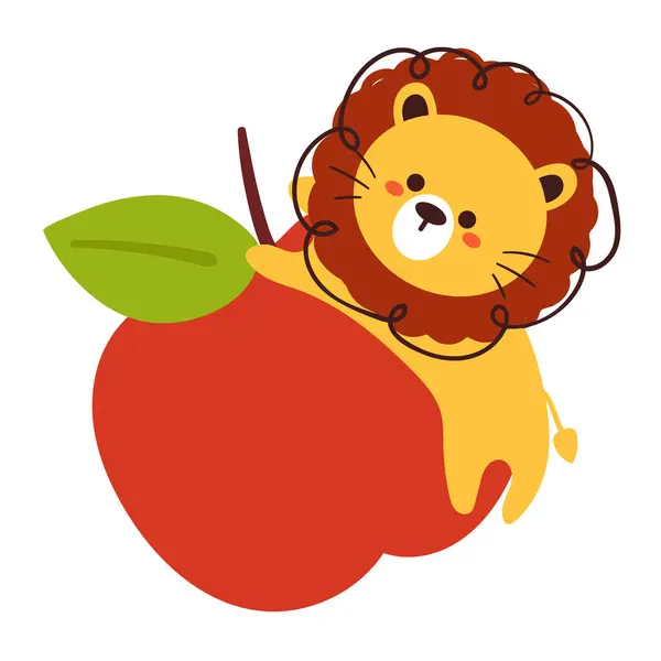 Cute Cartoon Lion Apple — Stock Vector