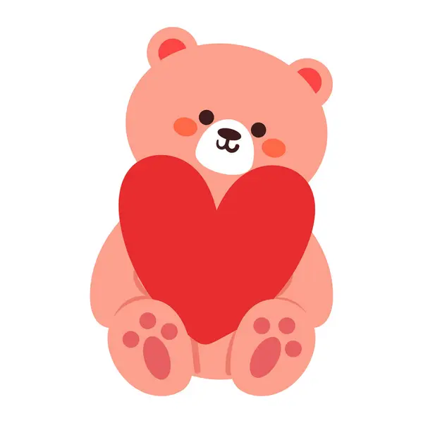 Bonito Cartoon Rosa Urso Segurando Coração Vermelho —  Vetores de Stock