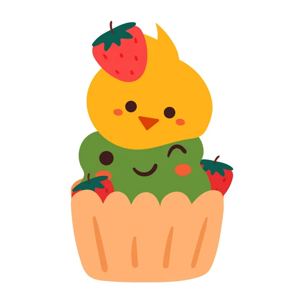 かわいいデザインのひよことカエルとかわいい漫画のカップケーキ — ストックベクタ