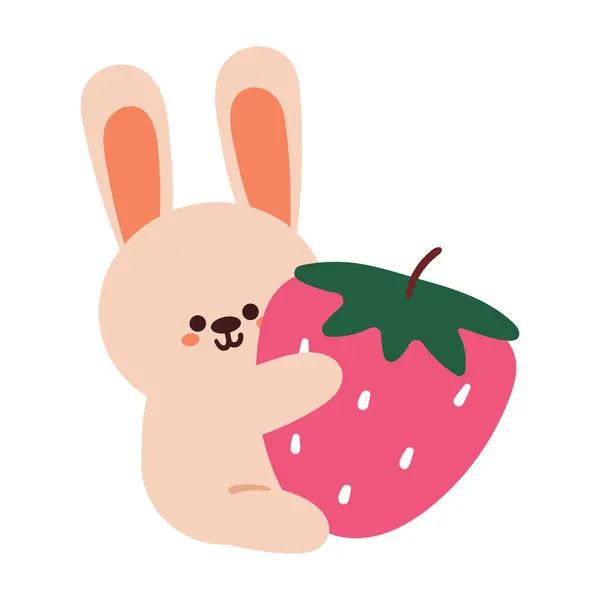 Niedlichen Zeichentrickhasen Hält Eine Erdbeere Niedliche Dessertdesign Ikone — Stockvektor