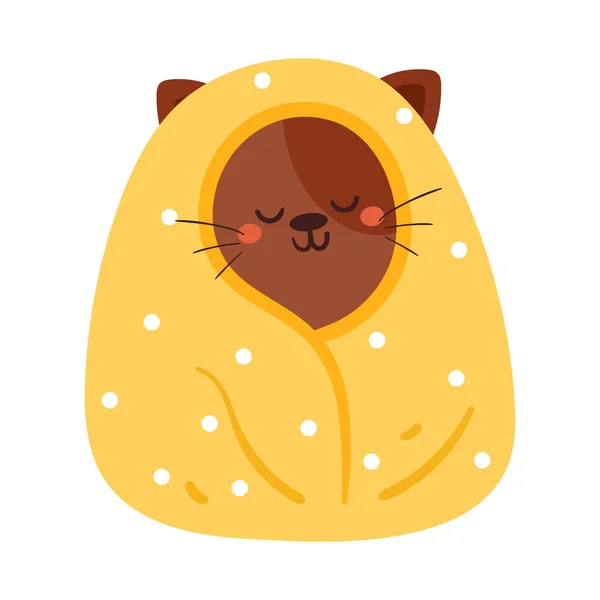 Χαριτωμένη Γάτα Κινουμένων Σχεδίων Τυλιγμένη Κίτρινη Κουβέρτα Χαριτωμένο Ζώο Κινουμένων — Διανυσματικό Αρχείο