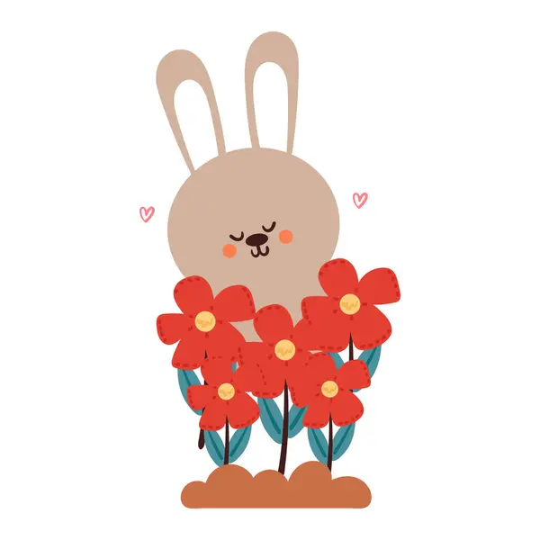 Cute Drawing Cartoon Bunny Red Flower — Stock Vector