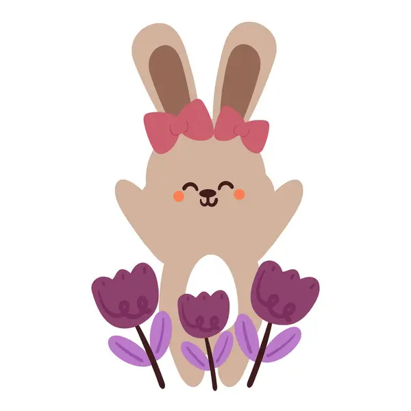 Ручной Рисунок Мультяшного Кролика Фиолетового Тюльпана Симпатичный Значок Животного Наклейки — стоковый вектор