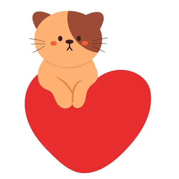 赤い心の気球が付いている手描きの漫画の猫 — ストックベクタ