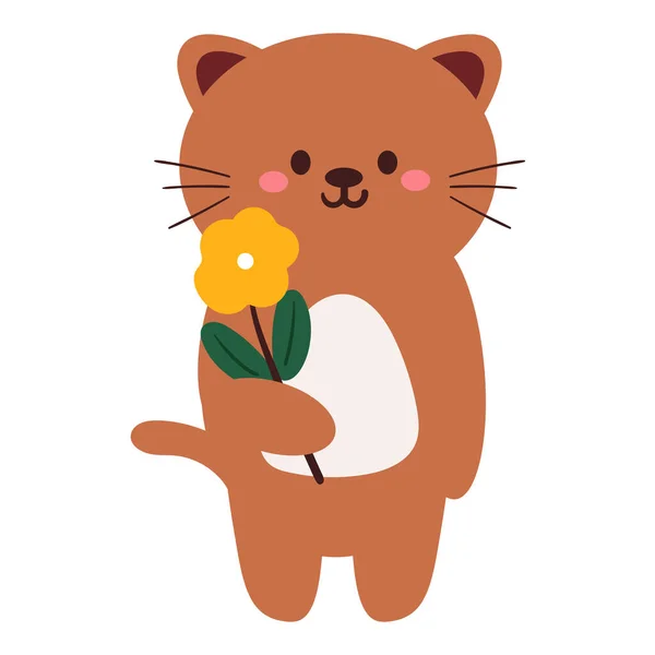 Hand Drawing Cartoon Cat Yellow Flower — Stock Vector