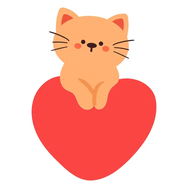 Hand Drawing Cartoon Cat Red Heart Balloon — Stock Vector