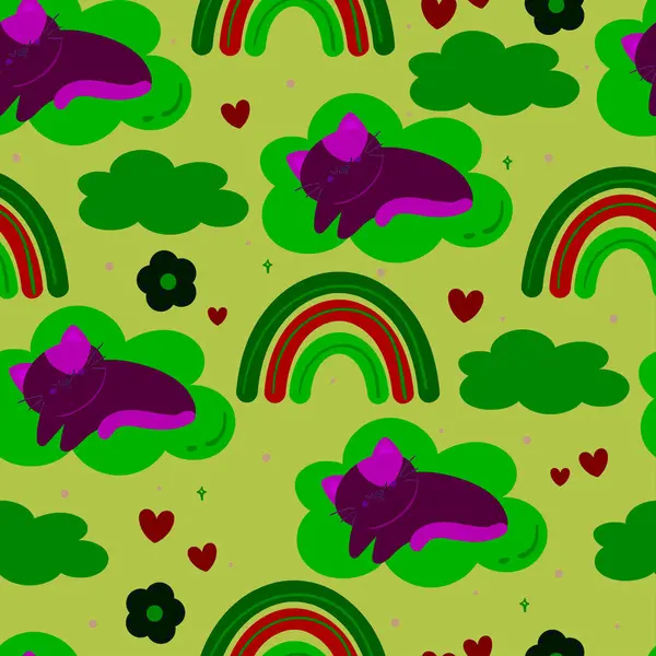 Seamless Pattern Cartoon Cat Flower Sky Element Cute Animal Wallpaper — Stock Vector