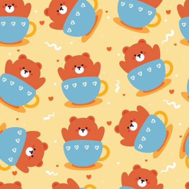 Kusursuz desenli çizgi film ayısı bir bardağın içinde. hediye paketi kağıdı için sevimli hayvan duvar kağıdı çizimi