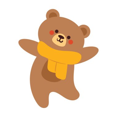 Sarı eşarp takan el çizimi bir ayı. Sevimli hayvan etiketi