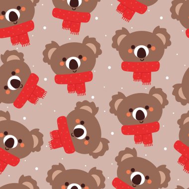 Kış günü kırmızı eşarp takan kusursuz desenli koala çizgi filmi. Hediye paketi için sevimli hayvan duvar kağıdı, kış duvar kağıdı