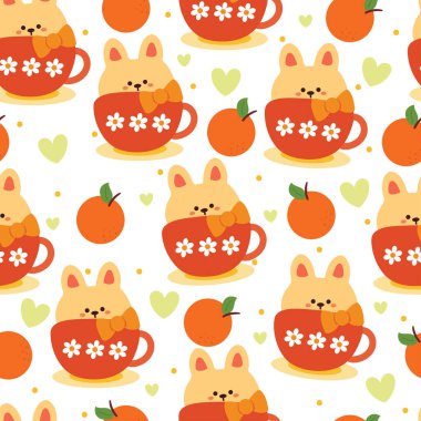 Kusursuz desenli çizgi film tavşanı bir bardağın içinde. Turuncu resimli sevimli hayvan duvar kağıdı hediye paketi kağıdı