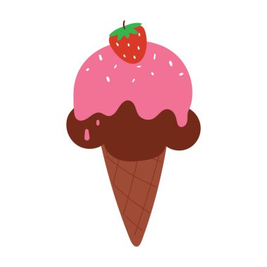 El çizimi, çikolata ve çilekli dondurma. Tatlı etiketi.