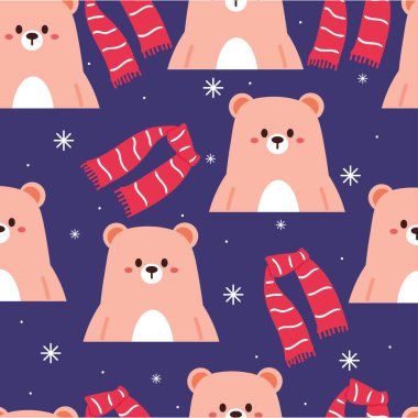 Eşarp takan kusursuz desenli çizgi film ayısı. Kar taneleri resimli sevimli hayvan duvar kağıdı hediye paketi kağıdı, kış duvar kağıdı