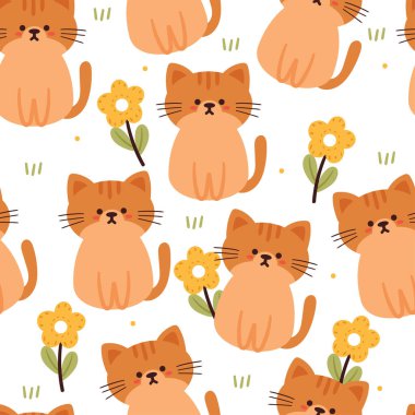 Kusursuz desenli karikatür kedi ve çiçek. hediye paketi kağıdı için sevimli hayvan duvar kağıdı çizimi