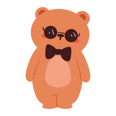 Siyah güneş gözlüğü takan sevimli çizgi film ayısı gülümsüyor. Sevimli hayvanlar etiketi