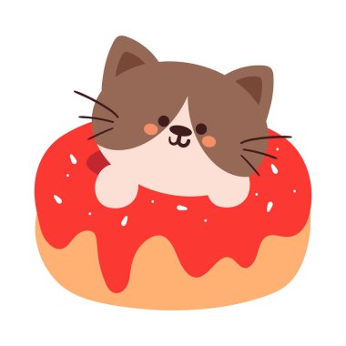 Pembe bir çöreğin içindeki sevimli çizgi film kedisi.