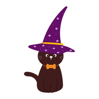 Cadılar Bayramı ikonu. Cadılar bayramı kıyafeti giymiş şirin bir çizgi film kedisi. Sevimli hayvan etiketi