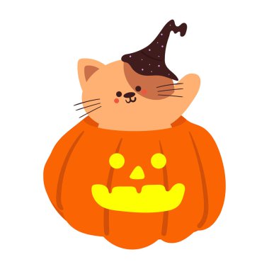 El çizimi cadılar bayramı balkabağı ve kedi. Şirin cadılar bayramı dekoru çıkartması. Kart için dizayn, yazdırma