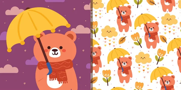 Nahtloser Muster Und Kartenzeichentrickbär Mit Regenschirm Blättern Und Herbstlichem Ambiente — Stockvektor