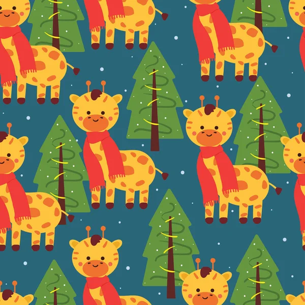 スカーフ 雪片を身に着けているシームレスなパターン漫画のキリン ギフト包装紙 冬の背景のためのかわいい動物の壁紙 — ストックベクタ