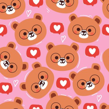 Kalp ikonu olan kusursuz desenli çizgi film ayısı. hediye paketi kağıdı için sevimli hayvan duvar kağıdı çizimi