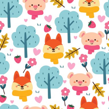 Kusursuz desenli çizgi film tilkisi ve çiçekli domuz. Güzel çizim tasarımı. hediye paketi kağıdı için hayvan deseni