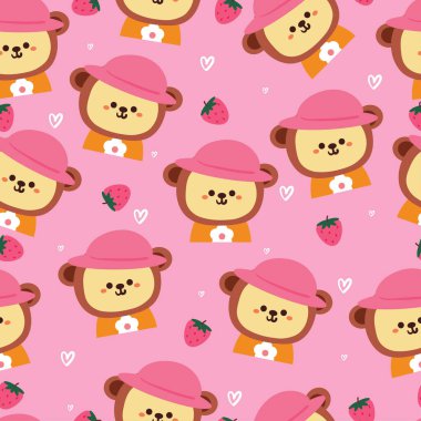 Şapka ve çiçekli gömlek giyen kusursuz desenli çizgi film maymunu. hediye paketi kağıdı için sevimli hayvan duvar kağıdı çizimi