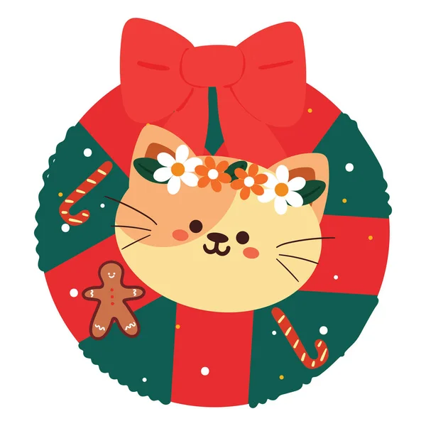 Cute Cat Christmas Wreath Cute Animal Icon Sticker Cute Drawing — Stock Vector