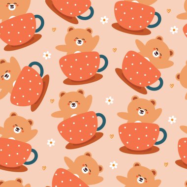 Kusursuz desenli çizgi film ayısı bir bardağın içinde. hediye paketi kağıdı için sevimli hayvan duvar kağıdı çizimi